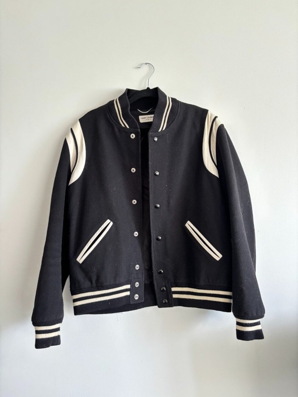Saint Laurent mens Teddy Varsity Jacket 52 black wool